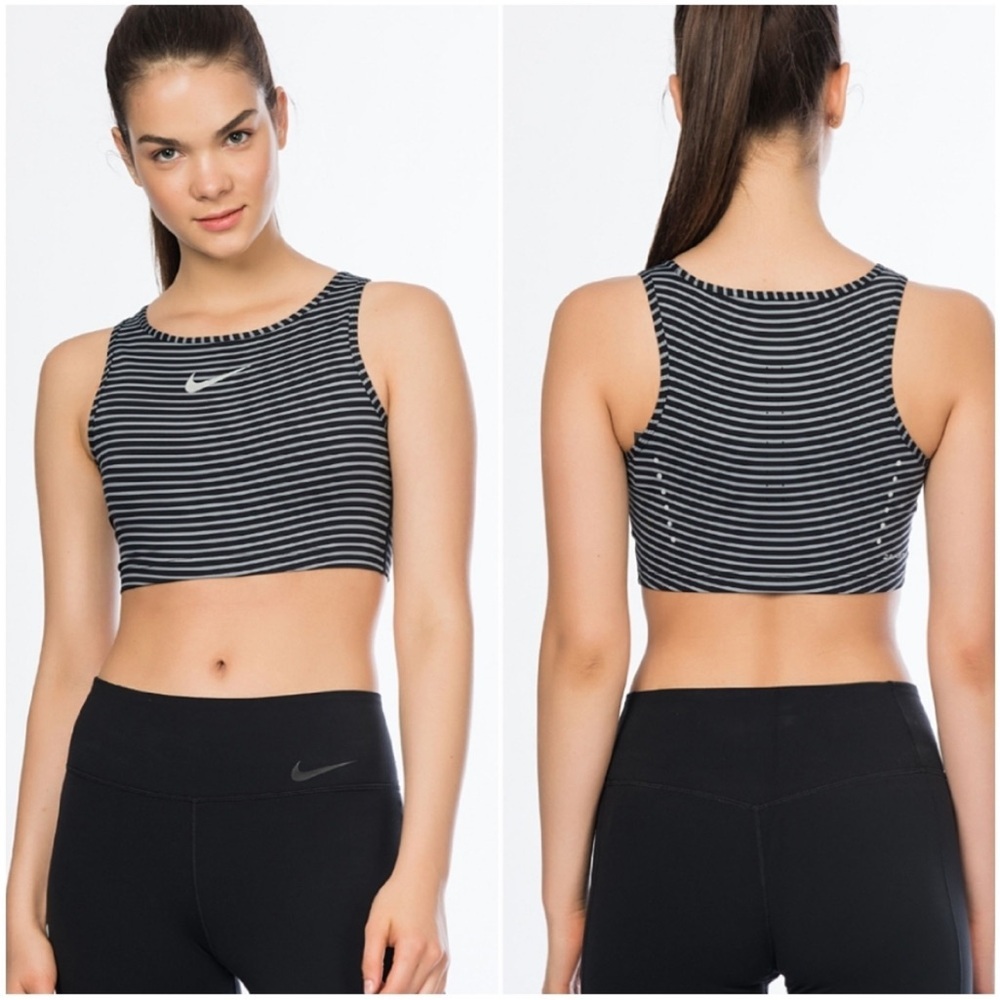 Nike Womenโs Power Running Tank Top Crop Striped Dri-Fit Reflective XS